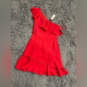 NWT BCBGMaxAzria Womens One-Shoulder Red Cocktail Dress with layered ruffles